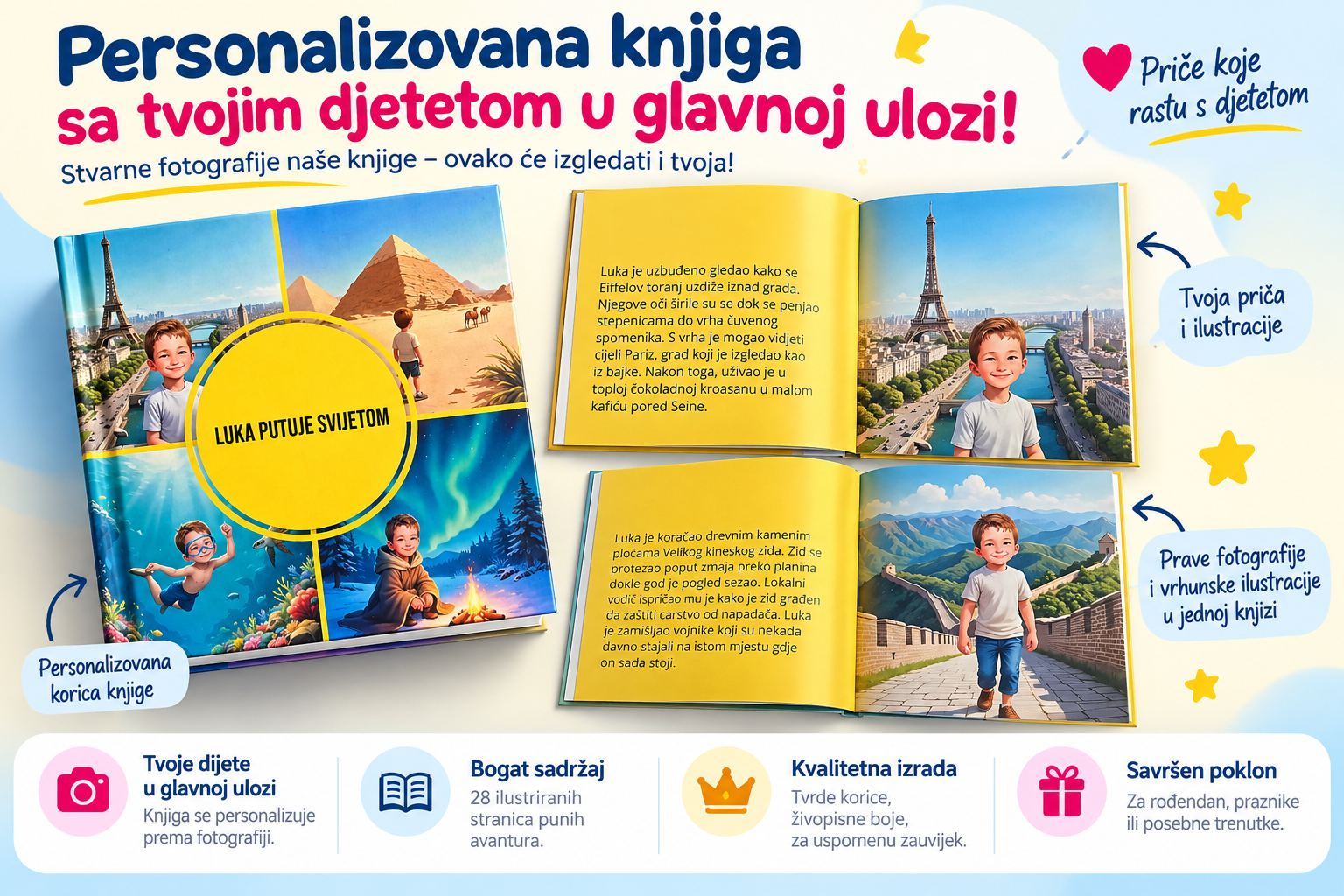 Kreiraj svoju čarobnu knjigu. Osoba koju voliš postaje glavni junak jedinstvene priče! Personalizovana priča, 28 unutrašnjih stranica, poklon za pamćenje. Započni svoju priču.